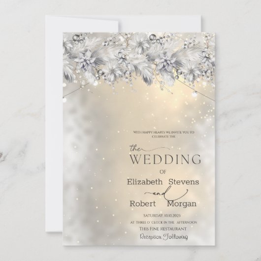 Winter Flowers String Lights Wedding Invitation Kaart (Voorkant)