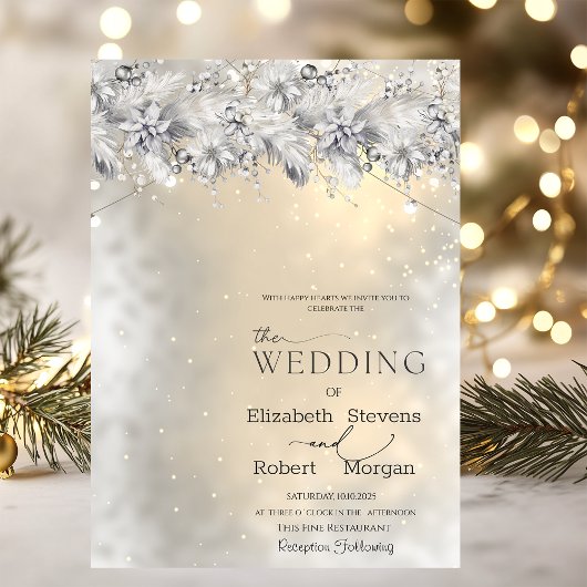 Winter Flowers String Lights Wedding  Invitation Kaart