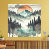Winter Fog Mountain Forest Landschap Oranje zon Canvas Afdruk (Insitu (Woonkamer))
