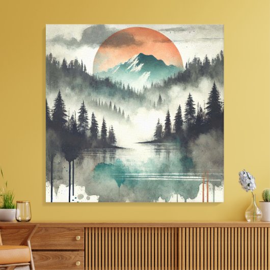Winter Fog Mountain Forest Landschap Oranje zon Canvas Afdruk (Insitu (Woonkamer))