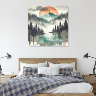 Winter Fog Mountain Forest Landschap Oranje zon Canvas Afdruk