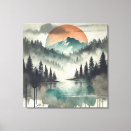 Winter Fog Mountain Forest Landschap Oranje zon Canvas Afdruk