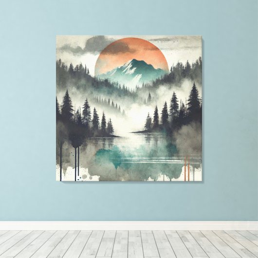 Winter Fog Mountain Forest Landschap Oranje zon Canvas Afdruk (Insitu (Houten vloer))
