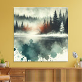 Winter Fog Mountain Forest met Red Sunset Accent Canvas Afdruk (Insitu (Woonkamer))