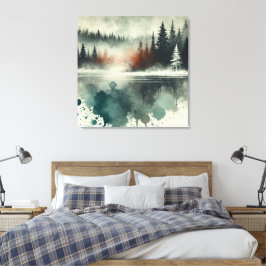 Winter Fog Mountain Forest met Red Sunset Accent Canvas Afdruk