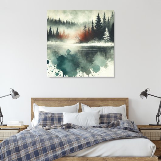 Winter Fog Mountain Forest met Red Sunset Accent Canvas Afdruk (Insitu (Slaapkamer))