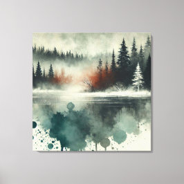Winter Fog Mountain Forest met Red Sunset Accent Canvas Afdruk