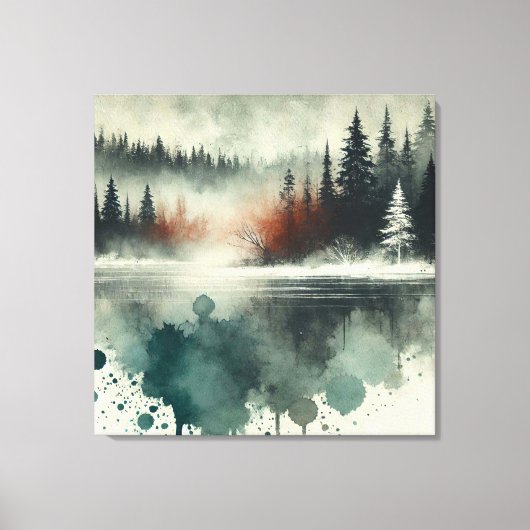 Winter Fog Mountain Forest met Red Sunset Accent Canvas Afdruk (Voorkant)