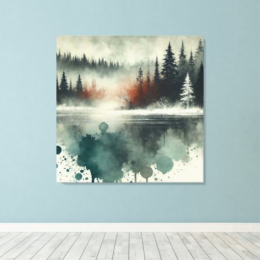 Winter Fog Mountain Forest met Red Sunset Accent Canvas Afdruk (Insitu (Houten vloer))