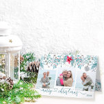 Winter Foliage 3 Foto Elegant Script Holiday Kaart<br><div class="desc">Persoonlijke kerstkaart met 3 foto's en elegante scripttypografie. ontwerp van de waterverf met poinsettia en winterbladeren in tinten blauw grijs en getijdenwatergroen. Het fotomalplaatje zal automatisch uw foto's in vierkant formaat tonen. U kunt het jaar aan de voorzijde en een douanebericht binnen ook toevoegen.</div>