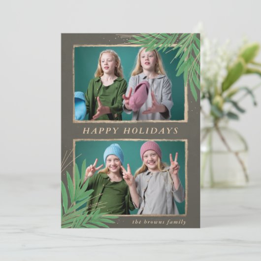 Winter Foliage Botanical Gold Multiple Photo Holid Feestdagenkaart (Staand voorkant)