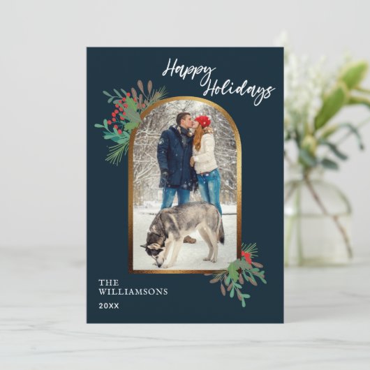 Winter Foliage Custom Photo Xmas Happy Feestdagenkaart (Staand voorkant)