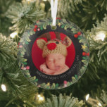 Winter Foliage | Eerste kerstversiering voor baby' Glas Ornament<br><div class="desc">Of het nu je eerste baby of een nieuwe toevoeging aan je bestaande familie is, het eerste kerstfeest van een baby is een speciale tijd voor alle nieuwe ouders. Dit ornament maakt het perfecte geschenk. Op maat gemaakt met de naam, het jaar en een foto gemaakt door het lush winter...</div>