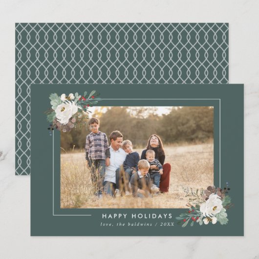 Winter Foliage en Florals Sage Green Photo Lijst Feestdagenkaart (Voorkant / Achterkant)