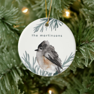 Winter Foliage met Cozy Bird en Name Kerstmis Keramisch Ornament