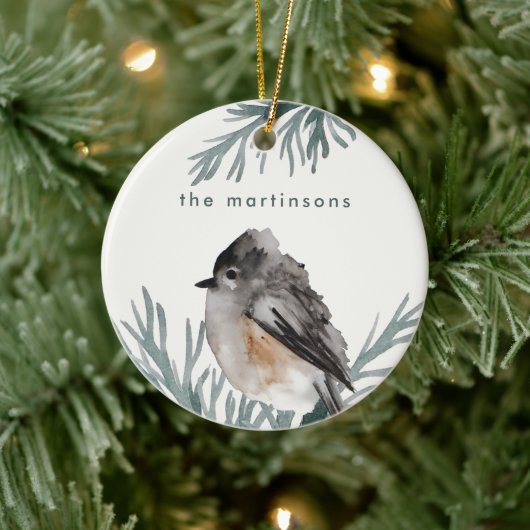 Winter Foliage met Cozy Bird en Name Kerstmis Keramisch Ornament (Boom)