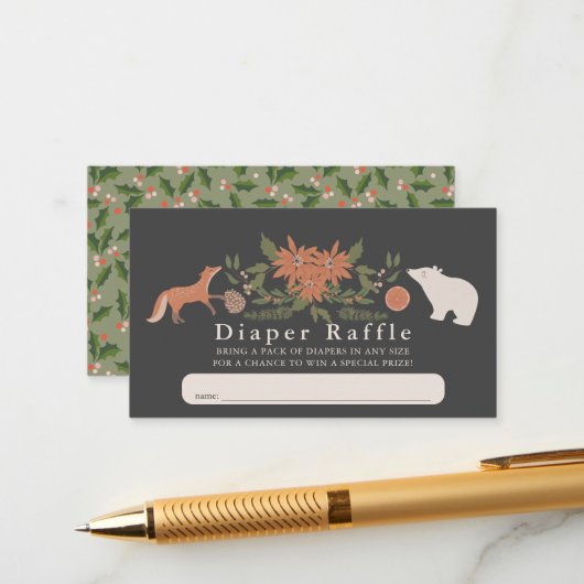 Winter Foliage Navy Baby Luier Raffle Ticket Informatiekaartje (Voorkant / Achterkant in situ)