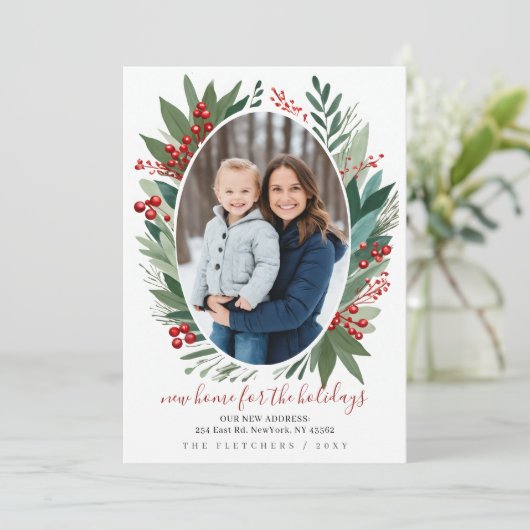 Winter Foliage New Home for Holidays Photo Moving Feestdagenkaart (Staand voorkant)