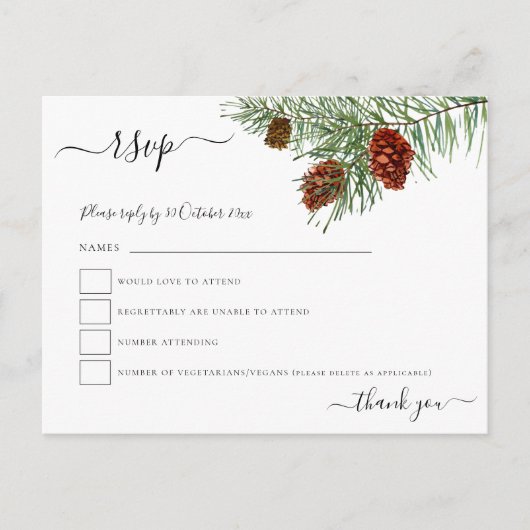 Winter Foliage Pine Cones Kerst Huwelijk RSVP Briefkaart (Voorkant)