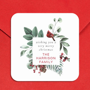 Winter Foliage Red Kardinaal Aangepast kerstfeest Vierkante Sticker