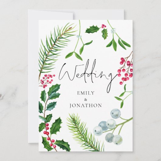 Winter Foliage Script kerstbruiloft Kaart (Voorkant)