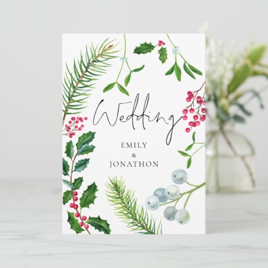 Winter Foliage Script kerstbruiloft Kaart (Staand voorkant)