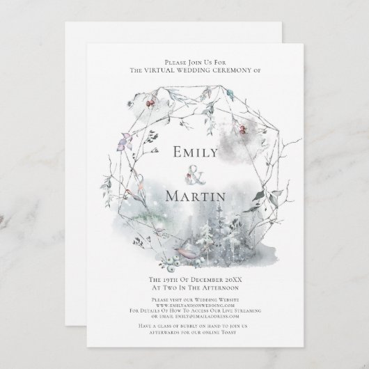 Winter Foliage Waterverf Berries Virtual Wedding Kaart (Voorkant / Achterkant)