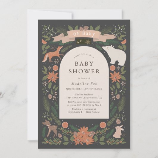 Winter Foliage Woodland Animals Navy Baby shower Kaart (Voorkant)
