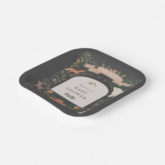 Winter Foliage Woodland Animals Navy Baby shower Papieren Bordje (Gebogen)