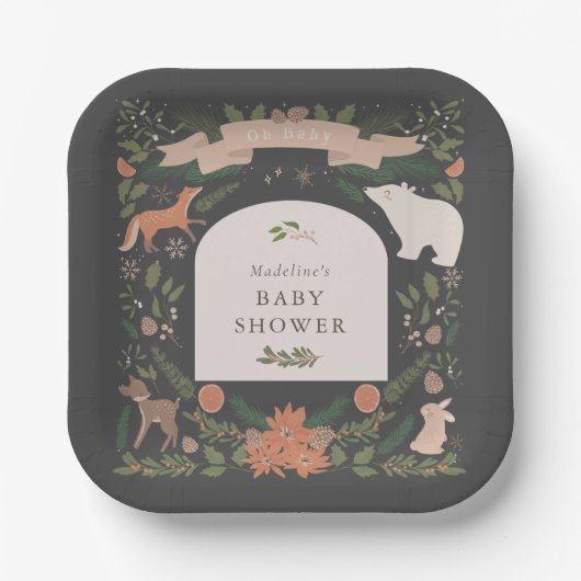 Winter Foliage Woodland Animals Navy Baby shower Papieren Bordje (Voorkant)