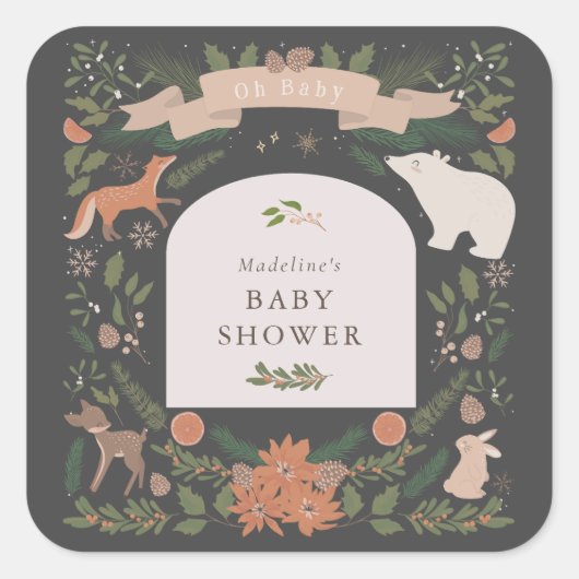 Winter Foliage Woodland Animals Navy Baby shower Vierkante Sticker (Voorkant)