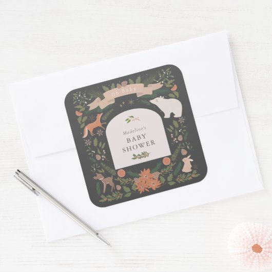 Winter Foliage Woodland Animals Navy Baby shower Vierkante Sticker (Envelop)