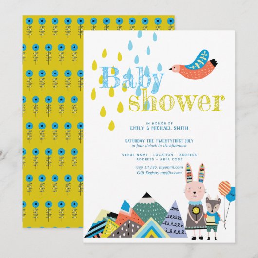 Winter Folk Art Baby shower nodigt Scandinavische Kaart (Voorkant / Achterkant)