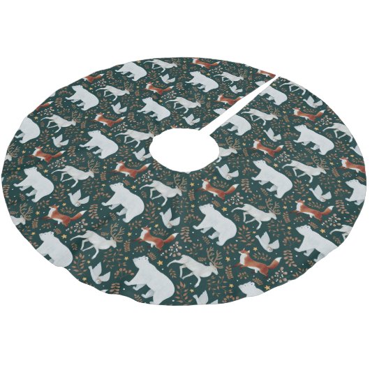 Winter forest animals Dark Green Tree Skirt Kerstboom Rok (Gekanteld)