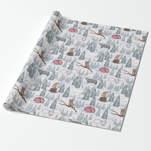Winter Forest Animals Natuur kerstpatroon Cadeaupapier (Uitgerold)