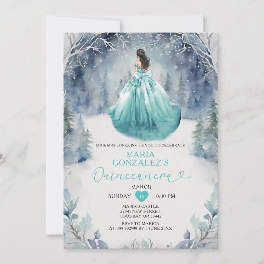 Winter Forest Aqua Blue Princess Dress Quinceañera Kaart (Voorkant)
