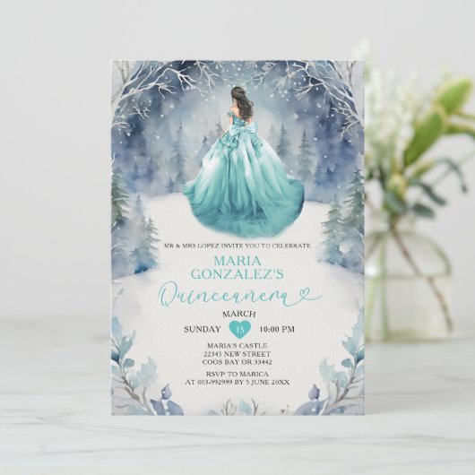 Winter Forest Aqua Blue Princess Dress Quinceañera Kaart (Staand voorkant)