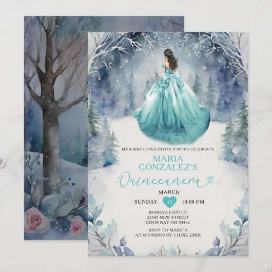 Winter Forest Aqua Blue Princess Dress Quinceañera Kaart (Voorkant / Achterkant)