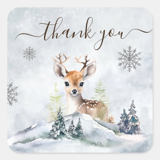 Winter Forest Baby Deer Baby shower Bedankt Vierkante Sticker (Voorkant)