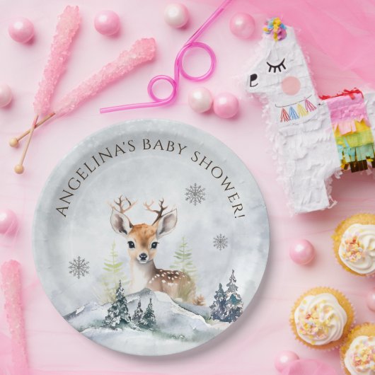 Winter Forest Baby Deer Baby shower Papieren Bordje (Feest)