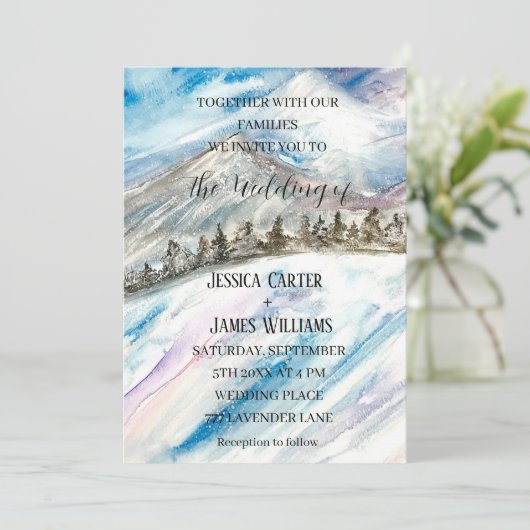 Winter Forest Bergen Pijnbomen Blauw Bruiloft Kaart (Staand voorkant)