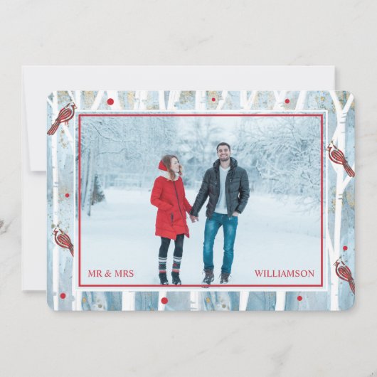 Winter Forest Birch Trees & Red Cardinale foto Feestdagenkaart (Voorkant)