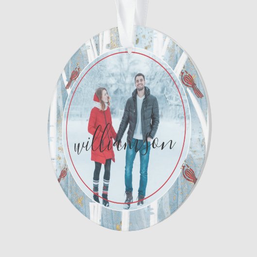 Winter Forest Birch Trees & Red Cardinale foto Ornament (voorkant)