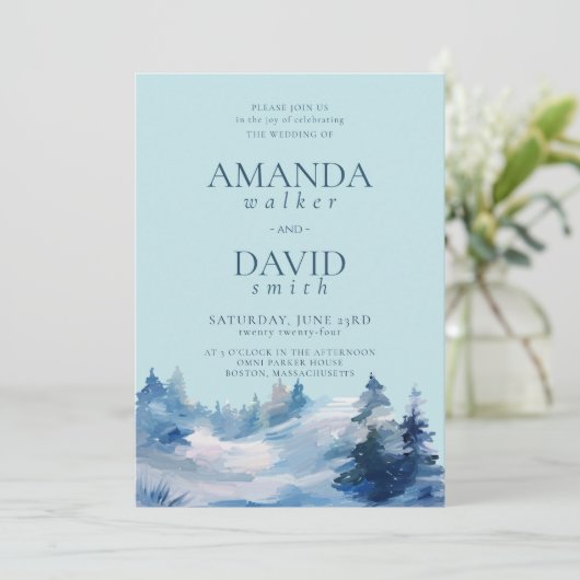 Winter Forest Blue bruiloft uitnodiging (Staand voorkant)