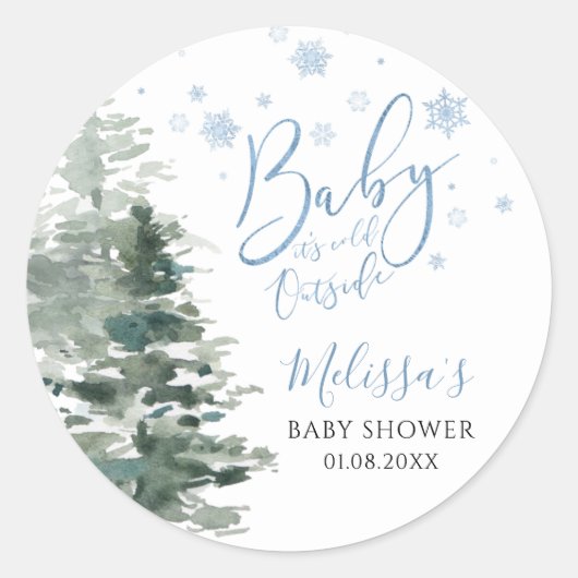 Winter Forest Blue Het is koud buiten Baby shower Ronde Sticker (Voorkant)