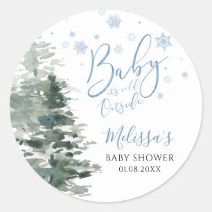 Winter Forest Blue Het is koud buiten Baby shower Ronde Sticker