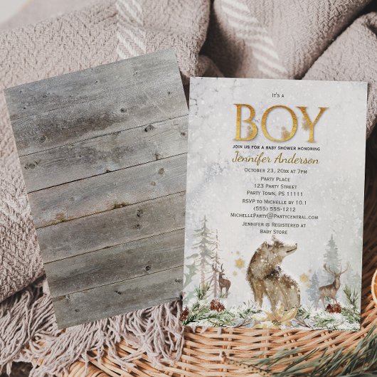 Winter Forest Boy Country Wolf Deer Baby shower Kaart