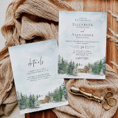 Winter Forest Cabin Pine Trees Wedding Details Kaart
