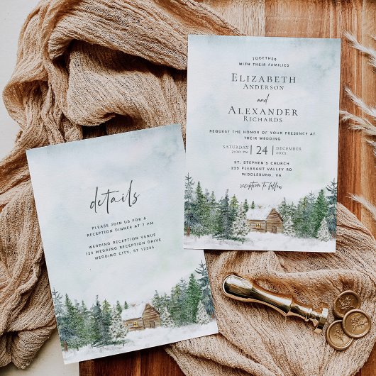 Winter Forest Cabin Pine Trees Wedding Details Kaart