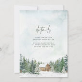 Winter Forest Cabin Pine Trees Wedding Details Kaart (Achterkant)
